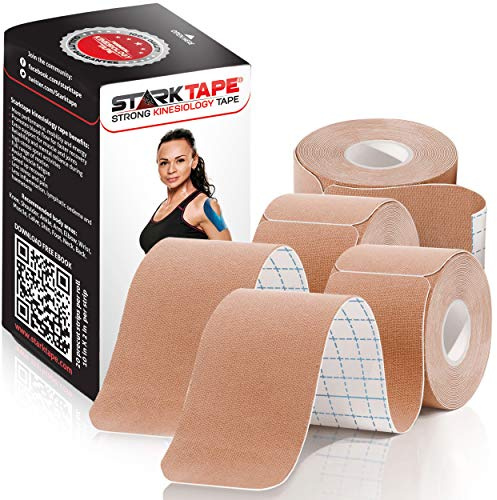 Starktape Kinesiology Tape Pro Athletic KT Elastic Sports Rock, 3 Rolls Precut Strips, Latex-Free, Elastic Support for Ankles, Knees, Wrists Running Tennis Swimming Football Soccer Beige