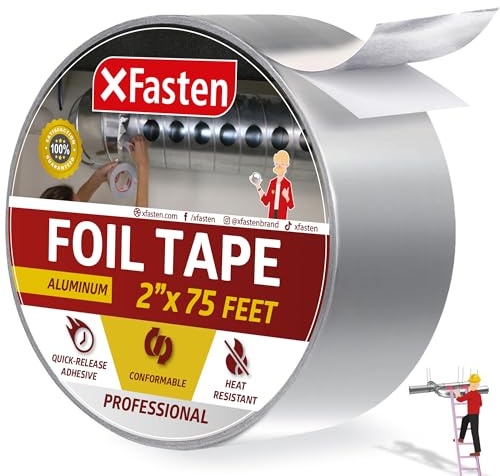 XFasten Aluminum Tape for Ductwork 2-Inches x 75-Feet Heavy-Duty HVAC Aluminum Foil Tape for Metal HVAC Insulation, Dryer Vent, Hose, Ducting and Furnace - High Heat Rating and Residue-Free