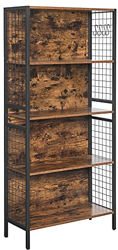 VASAGLE Bücherregal, Büroregal, Küchenregal, Standregal mit 5 Ablagen, 4 S-Haken, 30 x 74 x 154 cm, für Büro, Wohnzimmer, Arbeitszimmer, vintagebraun-tintenschwarz LBC023B01