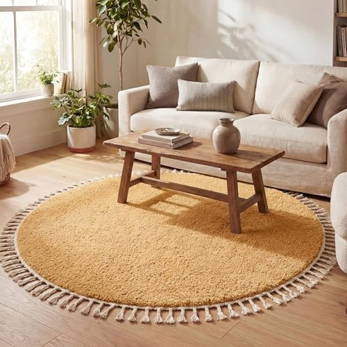 FRAAI | Home & Living Teppich Hochflor Rund - Lofty Fringe Gelb - Ø 100 cm