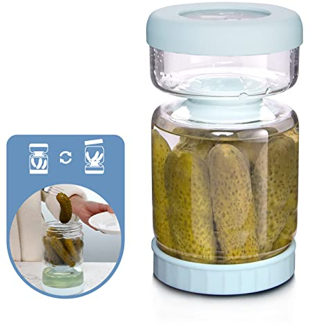 WhiteRhino Pickle Jar,Glass Food Containers with Strainer Hourglass Proof Lids Flip Olive for Kitchen Storage Upside Down Pickle Kimchi Jar Leakproof Airtight Lids Refrigerator(Clear+Blue/1000ml)