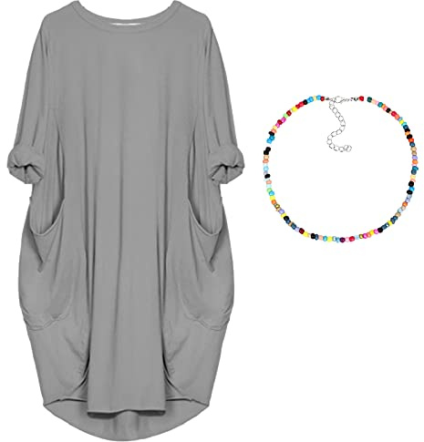 aromm Vestido Camiseto para Mujer Redondo Suelta Sencillo Casual Talla Extra Mediodía Gris,3XL