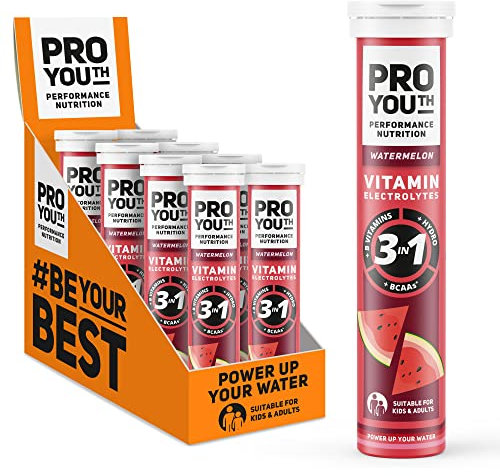 ProYouth Electrolytes Tablets with Vitamins for Kids and Adults - Hydration & Rehydration with Electrolytes, Vitamins and Minerals - No Caffeine, No Sugar | 20 Tablets Watermelon | Pack of 8