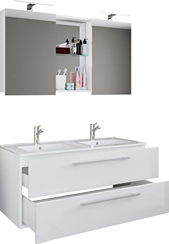 VCM 3-TLG. Doppel Waschplatz | 2X Waschtisch | Badmöbel Set mit Unterschrank, Waschbecken und Spiegelschrank | Doppelwaschbecken | Komplettset Budasi SC