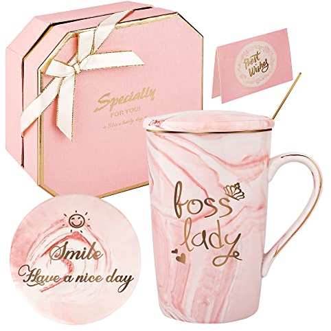 Cadeaux pour femmes - Boss Lady Tasse pour femmes patronnesses Tasses à café pour les femmes patronnesses à l'occasion de la fête des mères Set cadeau 420ML en céramique marbrée (Rose-Boss Lady )
