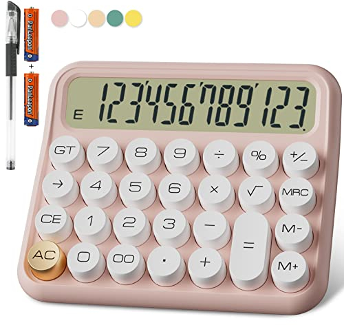 Niedlich Taschenrechner Schule, 12-stellig Extra Großes 5-Zoll-LCD-Display, Batterie Tischrechner Groß Büro Tasten Leicht zu Drücken, 15°Neigbarer Bildschirm für Taschenrechner Kinder(Rosa)