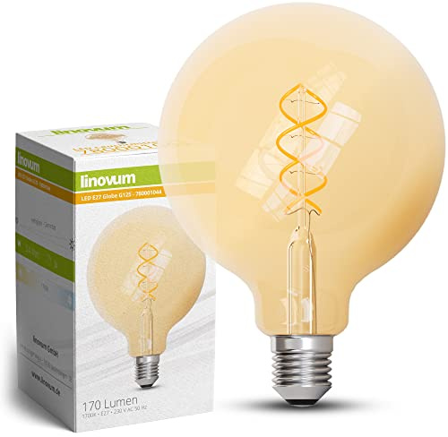 linovum LED Vintage Glühbirne E27 Globe G125 3,4W Bernstein 1700K dimmbar | Dimmbare Deko-Filament-Lampe - extra warmes Kerzenlicht 1700K, extra große G125-Kugel, für Hänge- & Stehleuchten