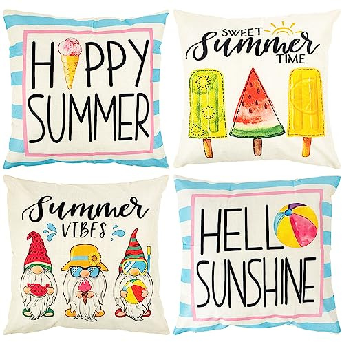 Boho Cushion Covers 45 x 45 Set of 4, Waterproof Garden Cushions Covers Summer Linen Pillow Covers, Patio Furniture Outdoor Seat Cushions Covers for Garden Furniture, Patio Chair, Bench, Floor, Sofa