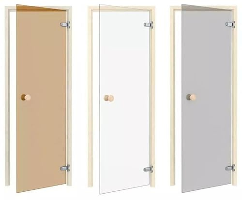 Amilano Saunatür CLASSIC Hochwertige Glastür 8mm inkl. Zarge Vollholz Leicht Einstellbar DIN Links Rechts (80x190, Espe/Grau)