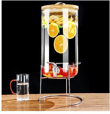Glaskaraffe,Getränkespender - Zapfhahn Aus ABS Und Sockel Mit Bezug Aus Bambus - Wasserspender Glasbehälter Für Kalte Getränke,Für Kalt & Heiß Wasser Eistee Kaffee Milch Saft,Abs faucet,10L