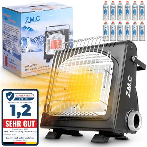 Z.M.C Chauffage portable 2 en 1 et réchaud à gaz + 12 cartouches de 227 g, chauffage en céramique pour camping de 1,7 kW, pour extérieur et intérieur, chauffage mobile