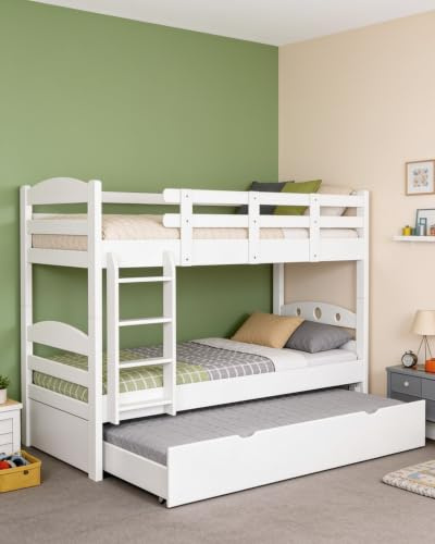 Steiner Shopping Etagenbett Easy Premium Line K18-H I weiß 90x200 aus massivem Buchenholz I Stockbett mit zusätzlichem Liegeplatz I Design-Doppelstockbett mit Lochoptik I Kinderbett für 3 Personen