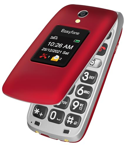 Easyfone Prime-A1 Pro 4G GSM Telefono Cellulare a conchiglia per Anziani, Telefono Cellulare con Tasti Grandi, Funzione SOS, Dual HD IPS Display, Base di ricarica, 1500mAh Batteria (Rosso)