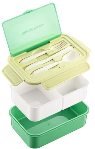 VIVIIHOO Fiambrera con compartimentos,a prueba de fugas e incluye cubiertos-Caja Bento para la escuela,el trabajo y el picnic,1400 ML-Caja de aperitivos para niños y adultos,apta para microondas,verde
