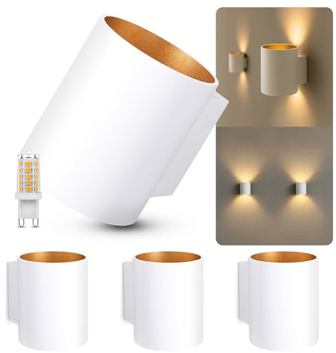 SSC-LUXon TUANI Wandlampe 4er Set weiß-gold Up & Down G9 warmweiß | Vier moderne Wandlampen weiß mit goldenem Innenschirm - Up-Down-Licht für Flur, Treppe & Wohnzimmer, inkl. G9 LED warmweiß