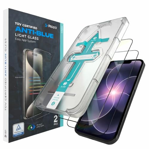 Deppa | 2 pièces | Pour iPhone 17e/16e/14/13 Pro/13 (6.1') Verre Trempé Anti-Lumière Bleue [Certifié] [Couverture Complète], Installation Facile sans Bulles, Incassable, Anti-empreintes