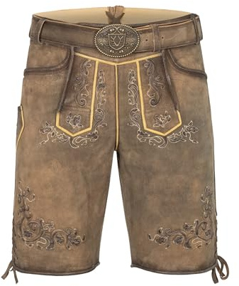 Krüger Herren Trachten Lederhose kurz, Modell: Gregor mit Gürtel, Knielang, braun, Tracht, Volksfest