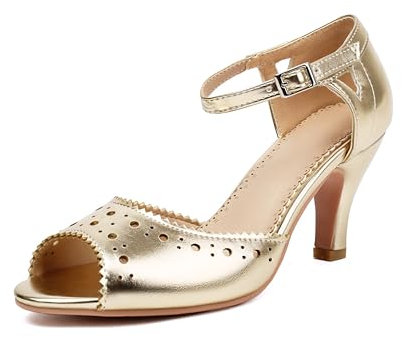 elerhythm Damen Mary Jane Vintage Knöchelriemen Wingtip Peep Toe Brogue Gatsby Heels Retro 1950er Pumps 1920er Jahre viktorianische Schuhe (Gold EU38)