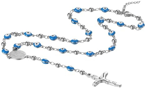 Cupimatch Collana Rosario Croce Cattolica,Gesù Rosario Cristiano con Croce Medaglia di San Benedetto per Cristiani Cattolici Comunione Religiosa,Battesimo,Messa,Bibbia,Amuleto, Acciaio inossidabile