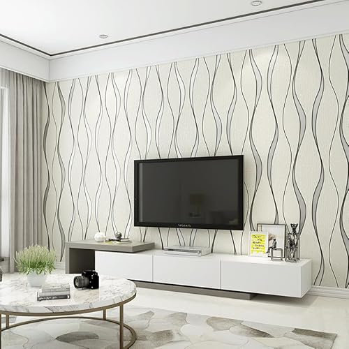 Papier Peint Intissé Vague Blanc Cassé Papier Peint 3D pour La Maison Chambre Adulte Salon Décoration,Papier Peint Mural,Papier Peint Toilette 10,05 M X 0,53 M
