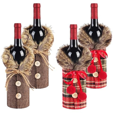 EYUZXDA 4Pcs Christmas Sweater Wine Bottle Cover Linen Plaid Wine Bottle Dress With Faux Fur Collar And Button Coat Design For Christmas Party Decorations