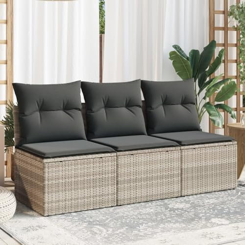 Somanki Gartensofa mit Kissen 3-Sitzer Hellgrau Poly Rattan, Gartenlounge, Garden Sofa, Balkonmöbel, Gartenmöbel, Loungemöbel - 366194