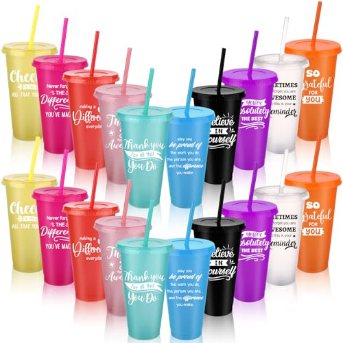 Kklolai 20 bicchieri di plastica con coperchio e cannuccia, 680,4 g, colorati, riutilizzabili, bicchieri di apprezzamento per colleghi, collaboratori, insegnanti, dipendenti