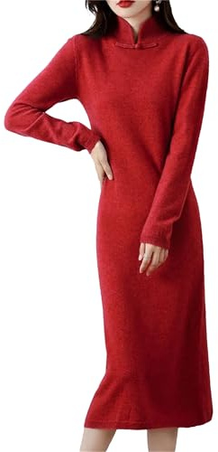 Vogrtcc Vestido largo de cachemira para mujer, casual, de negocios, ajustado, de punto, cuello alto, manga larga, para el trabajo y el otoño, rosso, L