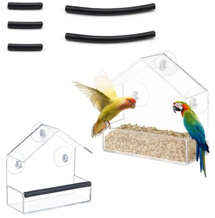 HUANR 2 Stück Vogelfutterhaus Fenster, Saugnäpfe Vogelhaus 15 x 15 x 6 cm | Vogelhaus Durchsichtig Fenster, Hüttenform, mit Klebestreifen, Vogelfutterstation, für Vogelfressen