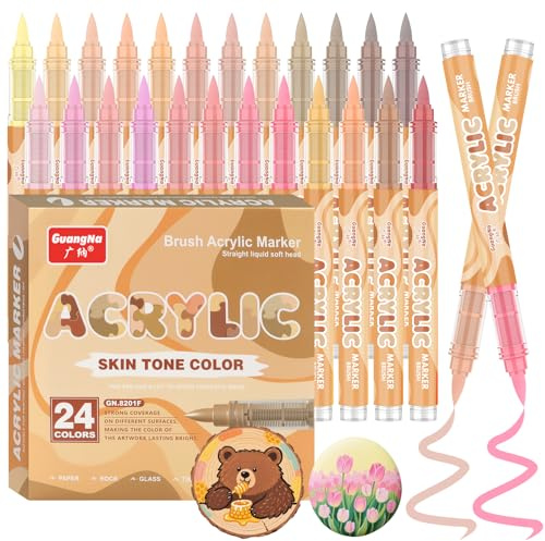 Funnasting Nuances de Peau Feutre Acrylique 24 Couleurs Résistantes à l'Eau Marqueur Acrylique, Pointe de Pinceau Souple Feutres Coloriage Adulte, Peinture sur Roches, Verre,Tasses,Bois,DIY | Lot de 24 stylos acryliques étanches à pointe pinceau souple pour peinture sur roche, livre de coloriage, verre, bois, métal