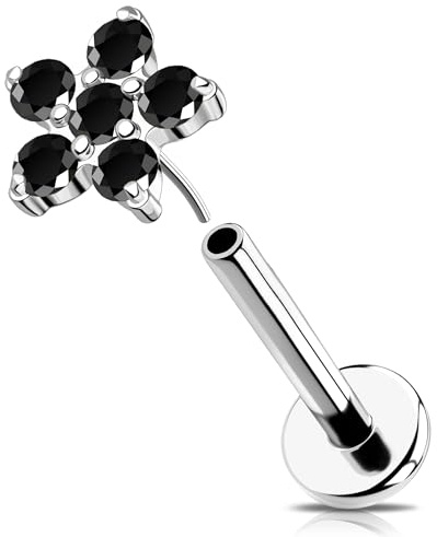 OUFER 16G Blume Helix Ohrringe Threadless Knorpel Ohrpiercing 316L-Chirurgenstahll Conch Earring Schwarz CZ Tragus Stud Labret Piercing für Damen 6 mm