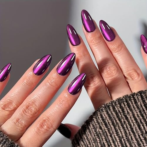 Unghie Finte Lunghe MouyouGlow,Mandorla Viola Scuro Monocolore Cat Eye Magnetic Occhi di Gatto Press on Nails con Colla,Dark Purple Phototherapy Fake Nails per Donne e Ragazze