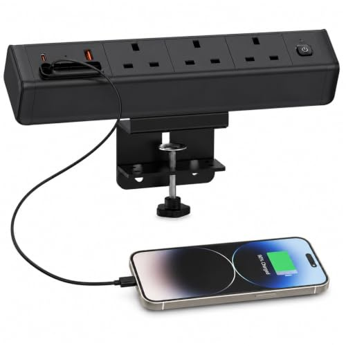 Desk Power Strip with Retractable USB C Cable, 3 Way Extension Socket with PD 20W USB C, 18W USB A, 10A Overload Switch, Aluminium Desk Clamp Socket with 1.8M Cable for Office, Gaming Desk, Workbench