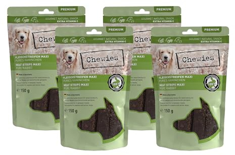 Chewies Köttremsor Maxi hundgodis tillverkat av 100% kaninkött – 4 x 150 g – lufttorkade kaniner tuggremsor för hundar – sockerfri och spannmålsfri – torkkött från kanin