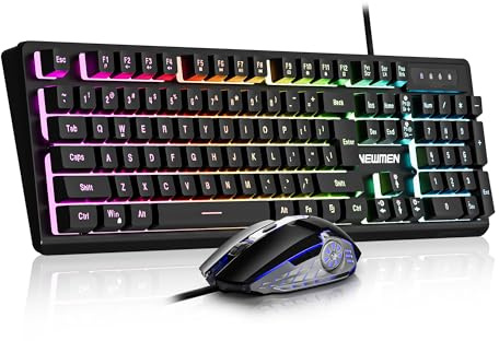 NEWMEN GM104 Gaming Keyboard and Mouse Set,Wired RGB Backlit 104 Keys Mechanical Feel Full Size Ergonomic USB Computer Keyboard,QWERTY Layout,LED Light Up Gaming Mouse,for Laptop/PC/Win/Mac,Black