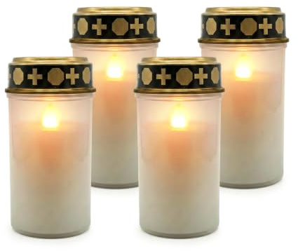Relaxdays Luce LED per cimitero, Set da 4, Fiamma tremolante, a Batteria, Impermeabile, plastica, Candela Bianca