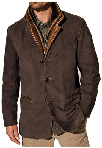 Chaqueta de traje de cuero de ante sintético vintage para hombre, chaqueta con botones con cremallera abrigo de solapa cargo Outwear con bolsillos, marrón, XL