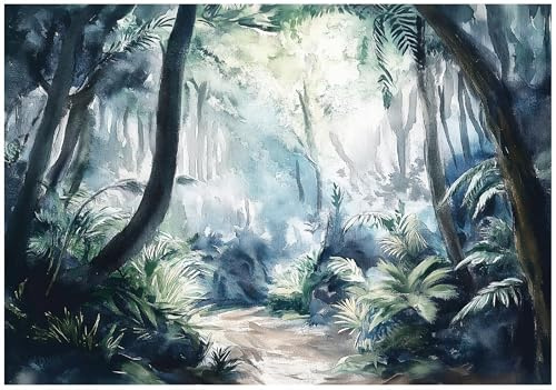 WallArena - Carta da parati fotografica - Foresta 300x210 cm - Murale fotografico - Per soggiorno e camera da letto - Effetto 3D - con Colla - giungla foresta acquerello tropicale