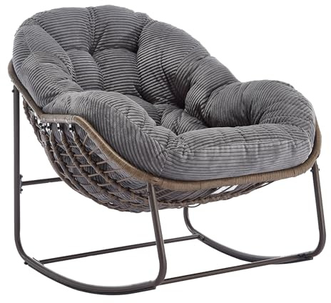 muenfly Outdoor Schaukelstuhl Ei-Stil, Schaukelsessel mit Rattan, Bequemer Loungesessel mit gepolsterter, Ei-Schaukelstuhl für Garten, Wohnzimmer, Hof, Terrasse und Balkon, Grau