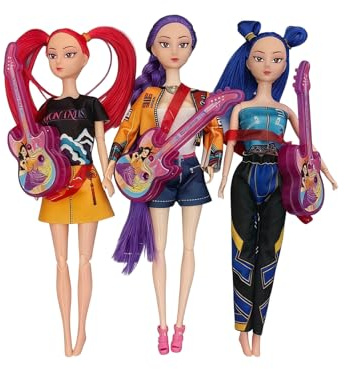 3er Set Pop-Star Puppen mit Gitarren-Accessoires – 33cm Spielzeugpuppen für Mädchen, Musik-Thema Spielset, Geburtstagsgeschenk & Kinderzimmer-Dekoration (A)