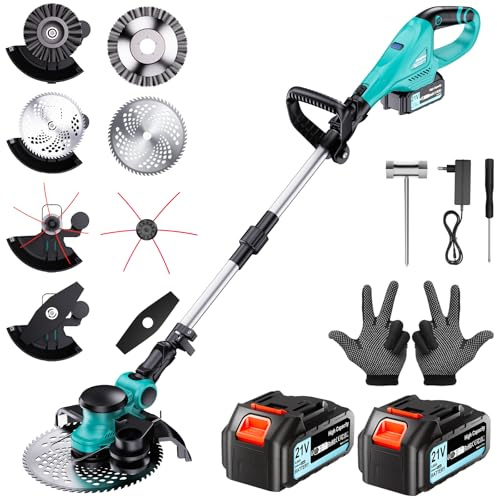 Desbrozadora a Batería Brushless, 21V desbrozadora electrica 4 en 1 con 2 Baterías 4000mAh,Recortadora de Cortabordes con Cepillo de malezas, Longitud retráctil, para Césped, Bordes y Jardín