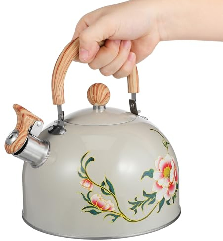 OSALADI Bouilloire Sifflante à Motif Floral en Métal Poignée Anti-brûlure, Bouilloire à Eau Chaude Vintage Beige Cuisine, Pot à Thé Ménager Compatible Induction, 2 Litres
