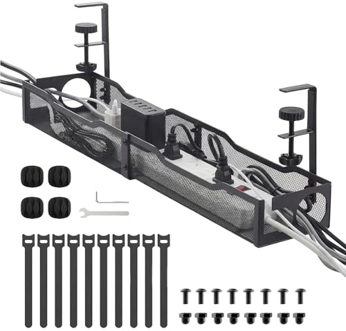 zxevg Under Desk Cable Tray 64cm Black Metal | No drill wire organiser with clamp for standing desk. Heavy duty cable tidy for gaming desk, home & office accessories