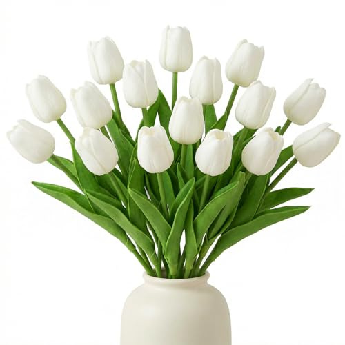 Tulpen Künstlich wie Echt - 16 Stück Weiß Künstliche Tulpen Latex Blumen Real Touch Kunsttulpen Gefälschter Tulpenstrauß kunstblumen tulpen kunst tulpen für Frühling Deko Heim Hochzeit Vase Tischdeko