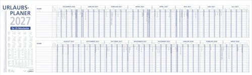 Urlaubsplaner 16 Mon 2027: Wandkalender 100x30 cm mit 16 Monaten auf 1 Seite (Dez. Vorjahr - März Folgejahr), für 25 Personen, Wochenzählung, gefalzt, Ferientermine, Sonn- & Feiertage | Wandkalender 100x30 cm mit 16 Monaten für 25 Personen