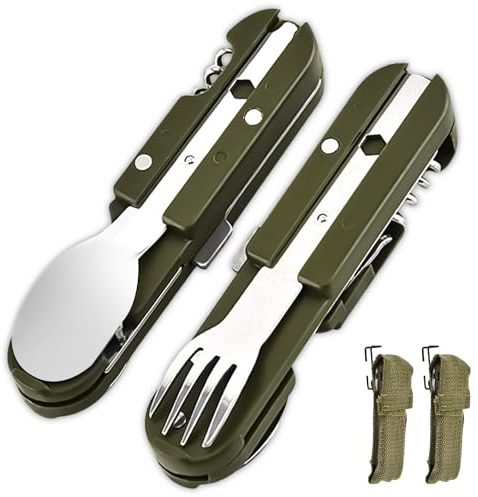 EQULIUS Ensemble de Couverts de Camping 2 pièces, Couverts Pliables, Couverts en Acier Inoxydable 5 en 1 avec ouvre-Bouteille, Couteau, Fourchette et cuillère