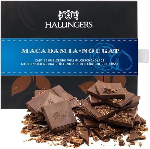 Hallingers Genuss Manufaktur Schokolade Geschenk - Tafel handgeschöpften Edelkakaos ohne Alkohol edler Karton Macadamia-Nougat Macadamia-Nougat, Geschenkidee für Frauen Männer