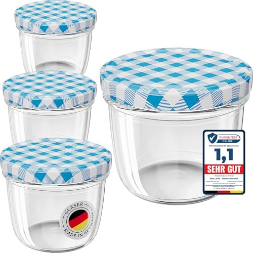 WELLGRO 25x Einmachgläser mit Schraubdeckel - 230 ml, 8,5 x 6,5 cm (ØxH), Glas/Metall, blau karierte Deckel To 82, Gläser Made in Germany
