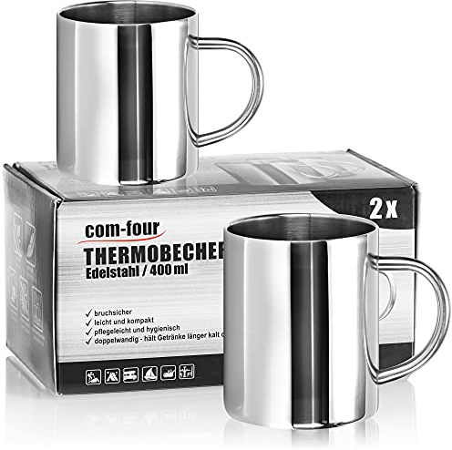 com-four® 2x tazze termiche in acciaio inossidabile 400 ml - a doppia parete isolante - tazze da caffè e da campeggio infrangibili - senza BPA