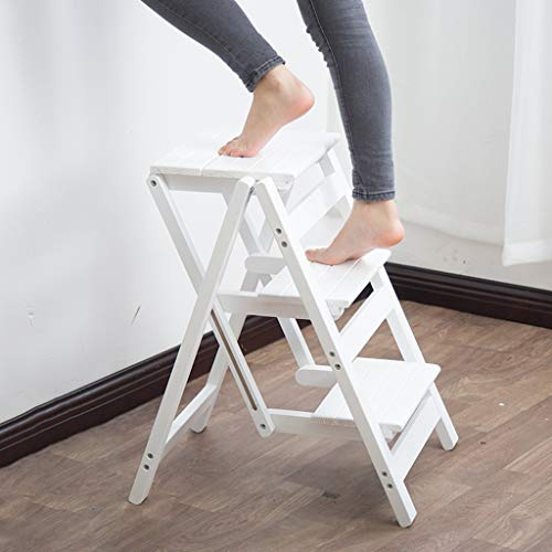 Blanc Escabeau à 3 marches Bois, Marche-pieds pliable, Marchepied Tabouret échelle Securité Antidérapant for Adultes Enfants pour camping-car Cuisine Bibliotheque Intérieur Extérieur, Max.150 kg